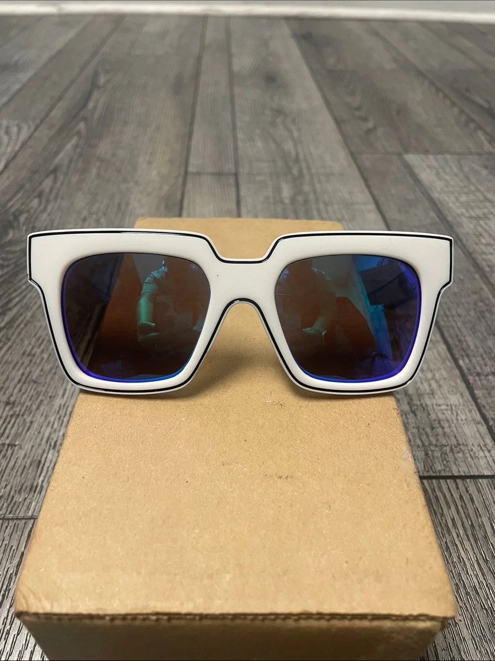Camilo Bold White Square Sunglasses with Mirrored Blue Lenses